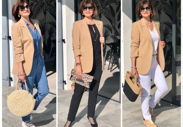 Une femme porte un blazer beige avec trois tenues différentes : une combinaison en jean, un tailleur noir et un pantalon blanc. C'est quoi un blazer ? C'est une veste chic et polyvalente.