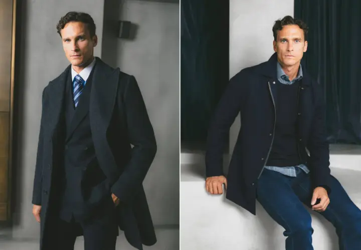 Homme élégant en manteau sombre, col classique, sur un costume ou un pull et jean.