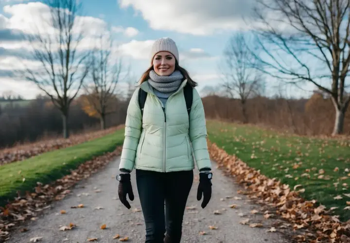 Une femme en doudoune légère, bonnet et écharpe, parfaite pour savoir comment s'habiller quand il fait 11 degrés. Elle marche sur un chemin bordé de feuilles d'automne.