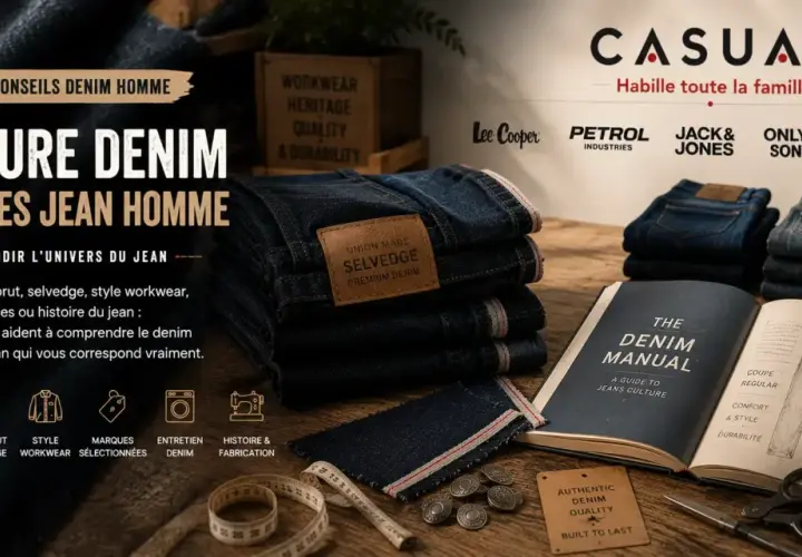 Guides sur la culture denim et le jean homme, avec des piles de jeans bleus foncés et un manuel sur le denim.