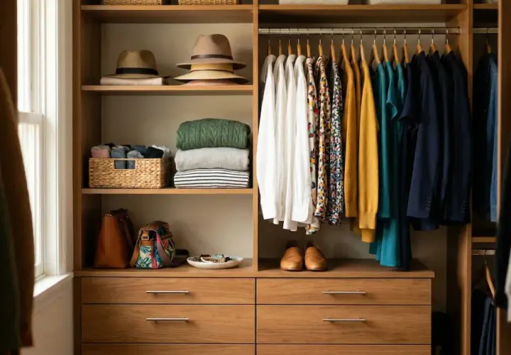 Un dressing organisé pour savoir comment trier ses vêtements : chapeaux, pulls pliés, paniers de chaussettes, sacs, et vêtements suspendus par couleur.