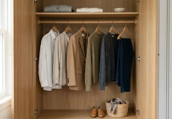 Garde-robe en bois clair, organisée avec des vêtements de couleur sobre : chemises, veste, pulls et jean. Chaussures et panier en osier au sol.