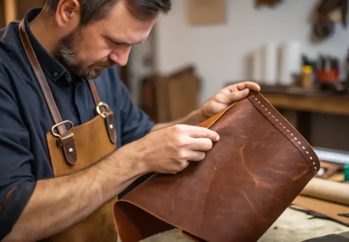 Artisan examine un cuir brun, vérifiant sa texture pour savoir si c'est du vrai cuir.