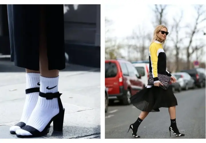 Deux looks audacieux : chaussette par-dessus chaussure avec des sandales à talons et une autre avec des escarpins.