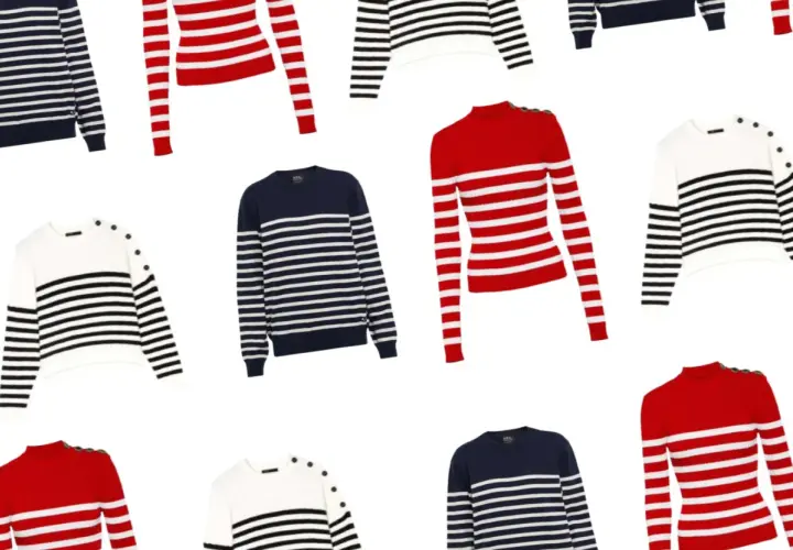 Plusieurs pulls marins femme rayés, bleus, blancs et rouges, avec des détails boutonnés. Idées pour comment porter un pull marin femme.