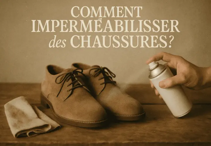 Comment imperméabiliser des chaussures en daim avec un spray protecteur. Une paire de chaussures, un chiffon et une bombe sont sur une table en bois.
