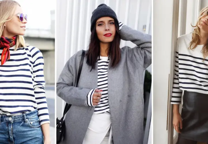 Trois femmes adoptent un look avec marinière : l'une avec un foulard coloré et jean, l'autre avec un manteau gris et bonnet, la troisième avec une jupe en cuir.