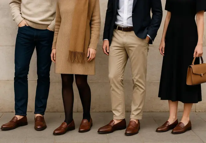 Un homme en jean noir et chaussure marron, aux côtés d'autres personnes élégantes.