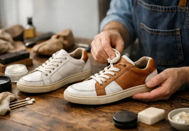Un homme nettoie une chaussure usée avec un chiffon. Des produits d'entretien sont disposés sur la table en bois.