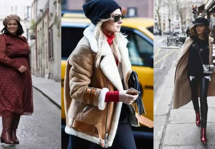 Trois femmes montrent comment s'habiller pour ne pas avoir froid : robe et bottes, veste aviateur douillette, ou manteau long avec cuir.