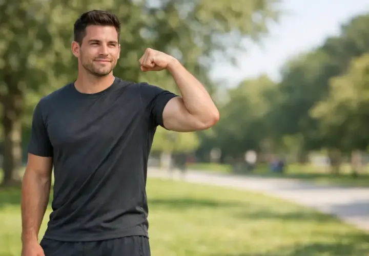 Homme souriant, silhouette athlétique, fléchissant le biceps en plein air.
