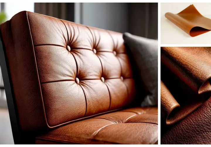 Gros plan sur un canapé capitonné en cuir synthétique marron. Des échantillons de ce matériau, montrant sa texture et sa souplesse, suggèrent une longue durée de vie.