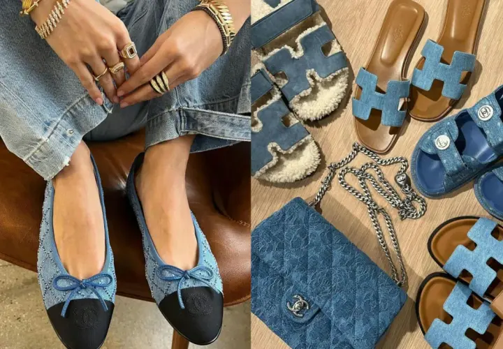 Collection de chaussures en jeans pour femme : ballerines Chanel, sandales Hermès et un sac matelassé.