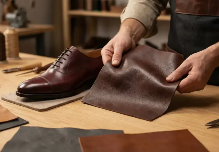 Un artisan examine différents types de cuir à côté d'une chaussure élégante.