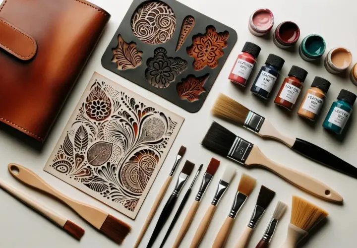 Kit pour peindre du cuir : portefeuille, pochoirs, pinceaux et pots de peinture aux couleurs vives.