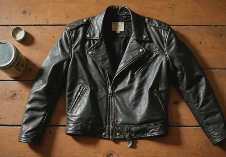Blouson cuir décoloré comment faire ? Un blouson de motard noir usé, posé sur un bois brut, avec une boîte de produit d'entretien.