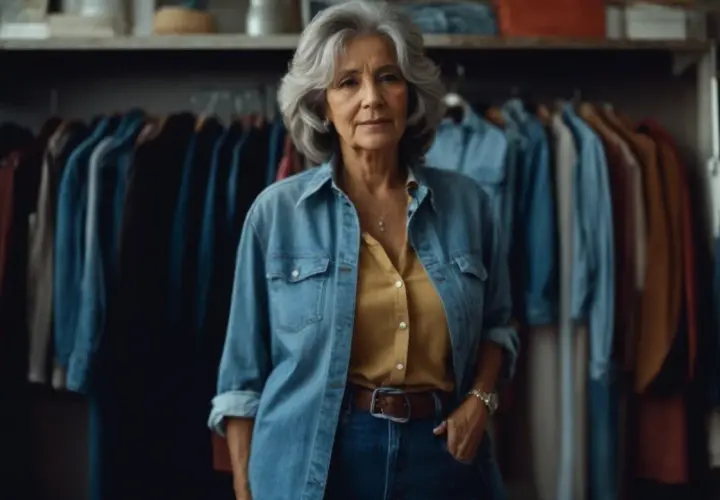 Une femme élégante aux cheveux gris porte une chemise en jean ouverte sur un chemisier jaune moutarde. Elle montre une tenue parfaite pour savoir que mettre avec un jean.