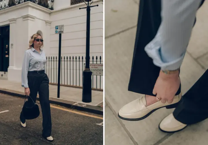 Un homme porte un pantalon gris avec des mocassins crème. Quelle chaussure avec pantalon gris homme ? Ces mocassins sont un choix élégant.