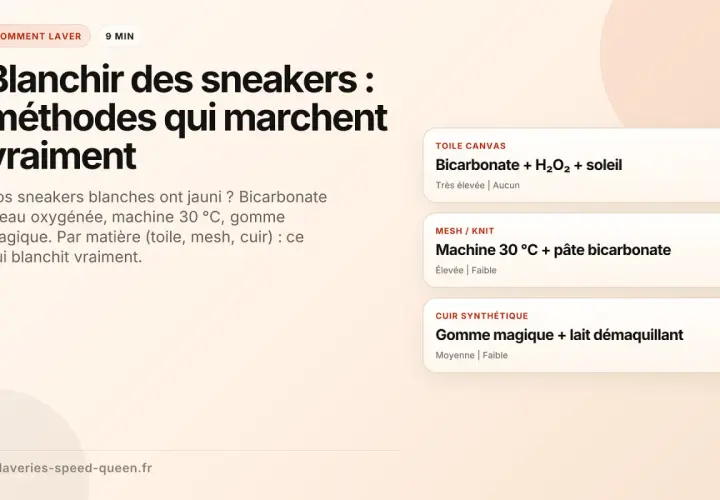 Guide pour blanchir semelle basket jaunie : bicarbonate, eau oxygénée, machine à 30°C ou gomme magique selon la matière.