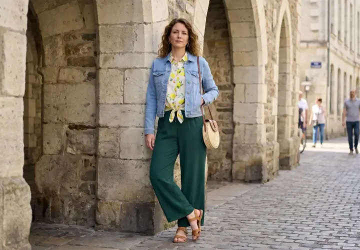 Une femme pose devant des arches en pierre. Elle porte une veste en jean, un chemisier à motifs, un pantalon vert et des sandales. Idéal pour savoir comment s'habiller quand il fait 12 degrés femme.