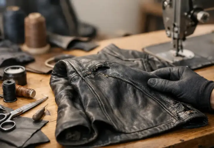 Main d'un artisan en gant noir tenant une veste en cuir abîmée, prête à être renover. Outils de couture et fils sur la table.