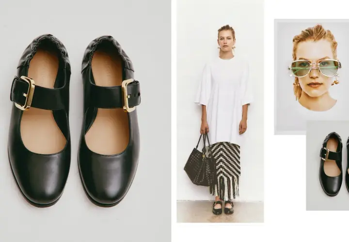 Chaussures noires à boucle dorée, style Mary Jane, portées par un mannequin. Un look chic et moderne.