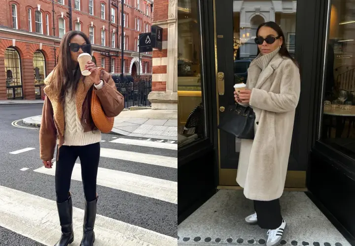 Look femme hiver froid. Deux femmes élégantes profitent d'une boisson chaude par temps frais, l'une avec une veste en cuir et l'autre dans un manteau en fausse fourrure.