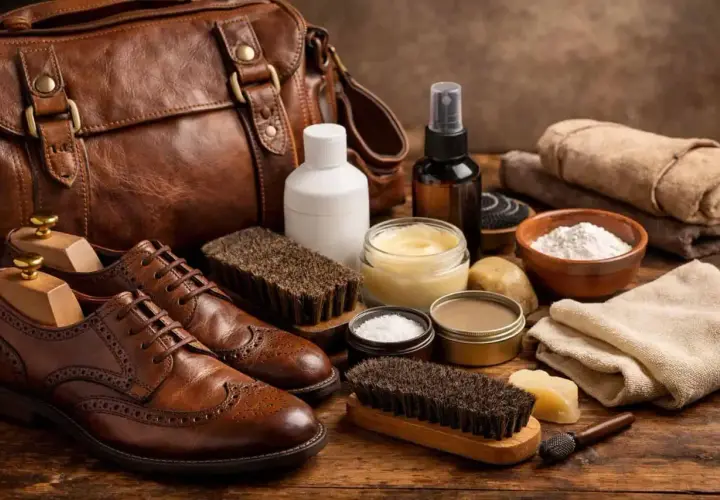 Ensemble d'accessoires pour nettoyer cuir : chaussures, sac, brosses, crèmes et chiffons.