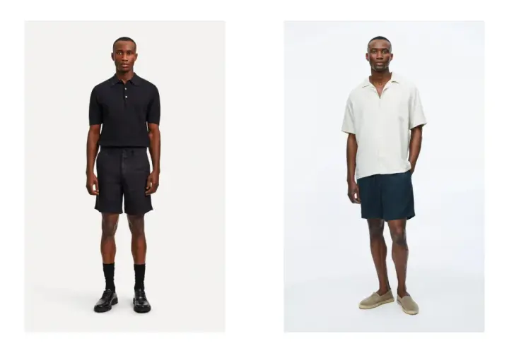 Deux looks pour savoir que mettre avec un short noir homme : polo noir et chaussures habillées, ou chemise claire et espadrilles.