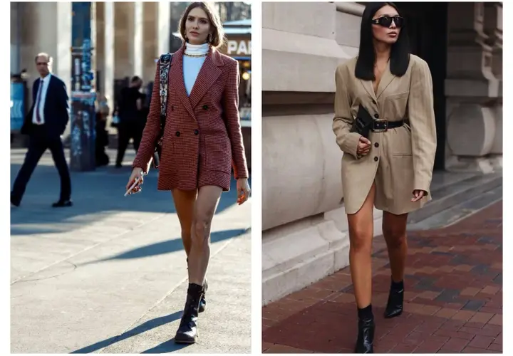 Deux femmes arborent un blazer avec robe courte. L'une porte un blazer à carreaux rouge, l'autre un blazer beige ceinturé.