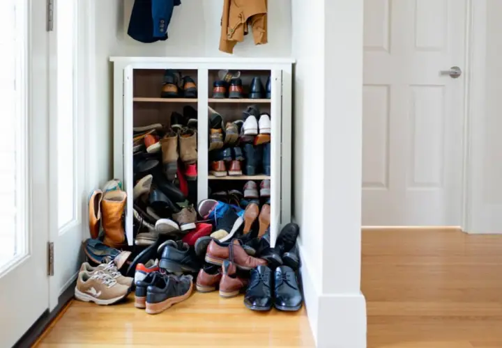 Un placard débordant de chaussures, montrant comment ranger des chaussures dans un placard pour un maximum d'espace.