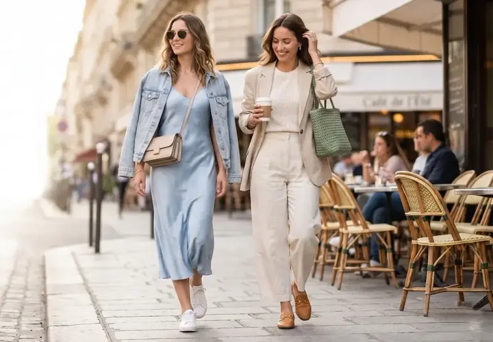 Deux femmes flânent dans une rue parisienne, offrant une belle idée tenue printemps femme. L'une porte une robe nuisette bleu pâle avec une veste en jean, l'autre un tailleur pantalon crème.