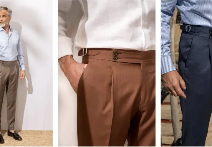 Trois hommes portent des pantalons de costume sans ceinture, de couleur marron, bleu marine et un autre homme en pantalon marron.