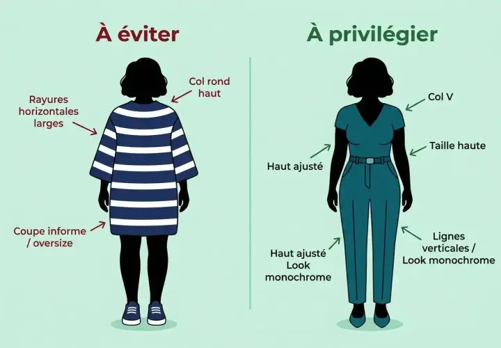 Pour un vêtement à éviter quand on est ronde : une robe informe à rayures horizontales larges et col rond. Privilégier un haut ajusté, col V, taille haute et lignes verticales.