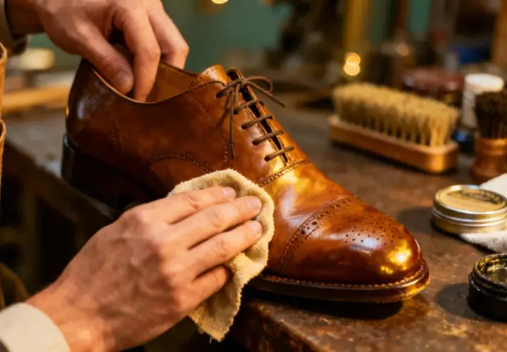 Un homme prend soin de ses chaussures en cuir neuves avec un chiffon doux. L'entretien des chaussures en cuir est essentiel pour leur longévité.