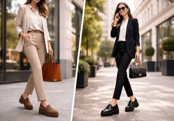 Deux femmes élégantes portent un pantalon avec mocassin, l'une en tenue beige, l'autre en noir.