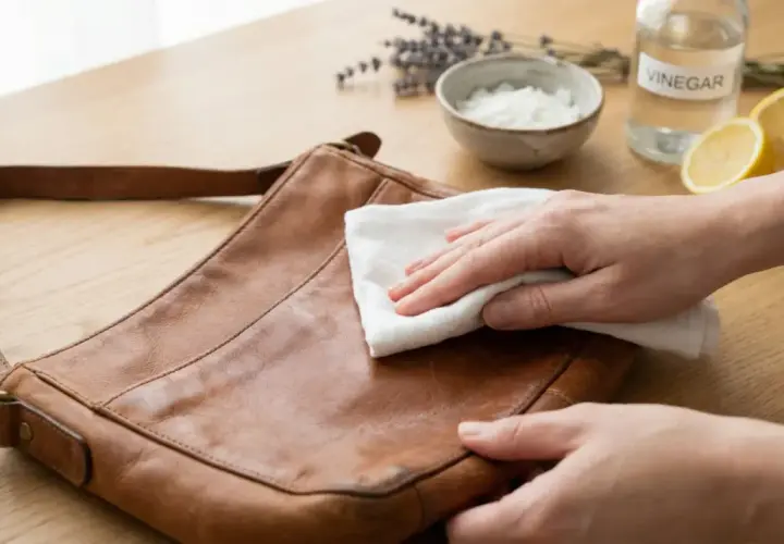 Main d'une personne en train d'enlever une tache sur un sac en cuir clair avec un chiffon blanc. Vinaigre, citron et lavande en arrière-plan.
