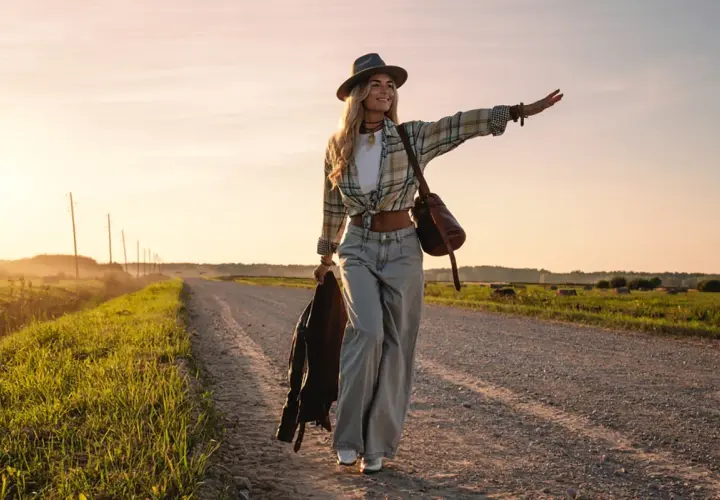 Une femme au style bohème, portant un jean large, fait de l'auto-stop au coucher du soleil. Elle incarne la liberté et les différents types de jean femme.