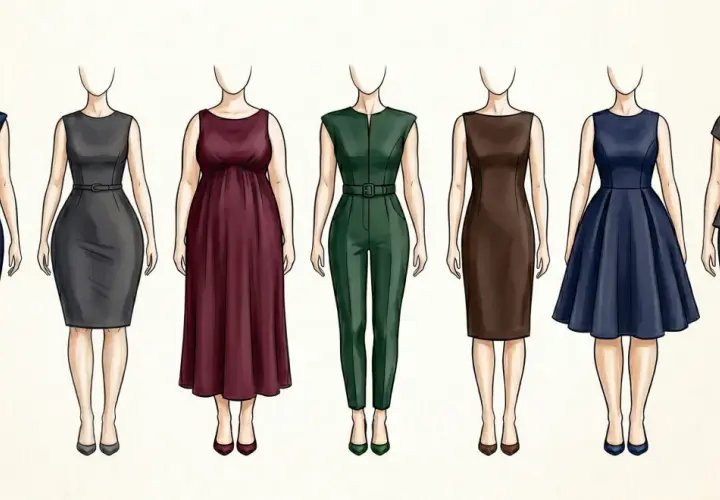 Sept silhouettes buste femme en tenues professionnelles variées : robes, tailleur pantalon, combinaison.