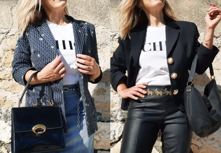 Une femme élégante porte une veste imprimée et un jean, puis une veste noire et un pantalon en cuir.