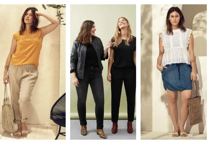 Trois femmes rondes montrent des tenues stylées : pantalon beige, jean noir et jupe en jean. Idées pour comment s'habiller quand on est ronde.