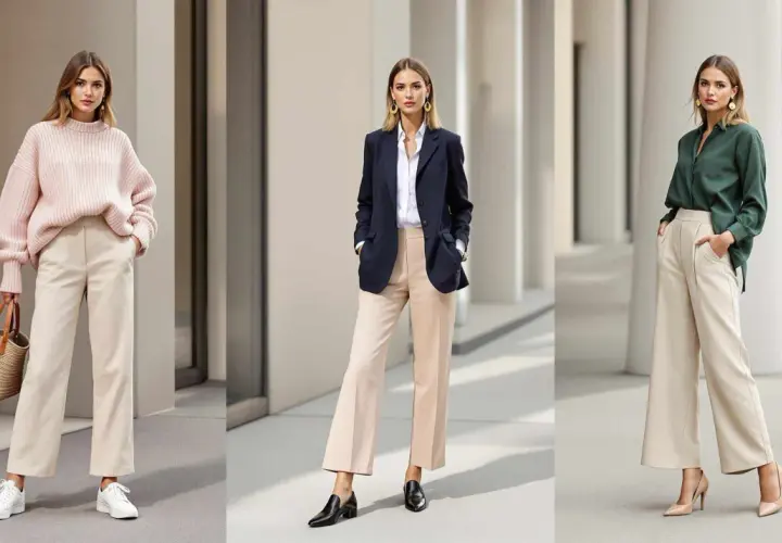 Trois femmes portent des tenues élégantes avec un pantalon beige. La première, un pull rose et des baskets. La deuxième, un blazer bleu marine et des mocassins. La troisième, une chemise verte et des escarpins.