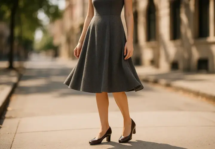 Une femme porte une robe grise évasée arrivant aux genoux, avec des escarpins marron. Parfaites quelles chaussures avec robe genoux pour une allure chic.
