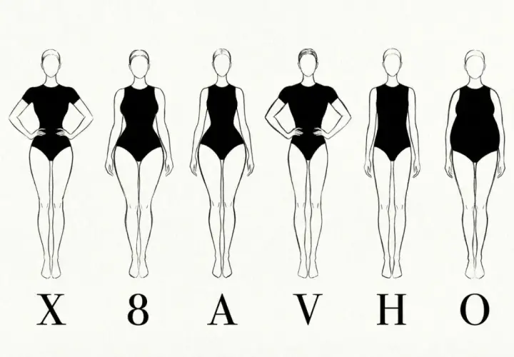 Six silhouettes féminines illustrent différents types de corps : X, 8, A, V, H, O.