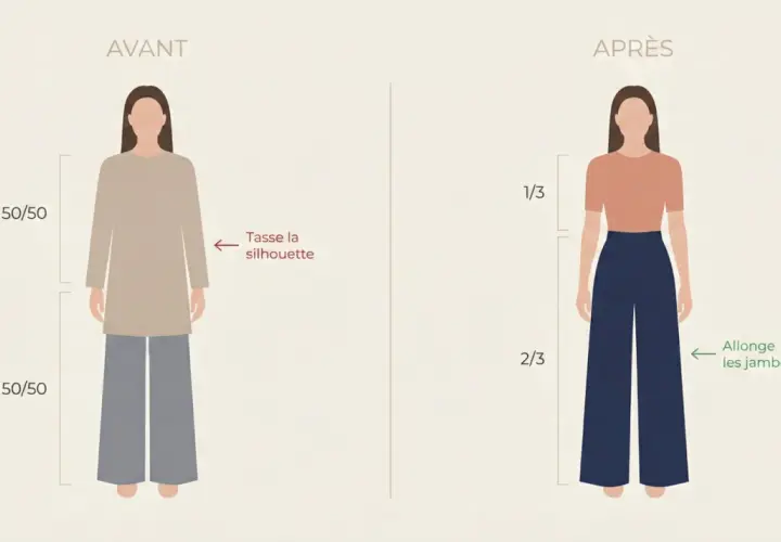 Avant/Après : la proportion jambe buste femme change. La silhouette est tassée (50/50) puis allongée (1/3 buste, 2/3 jambes).