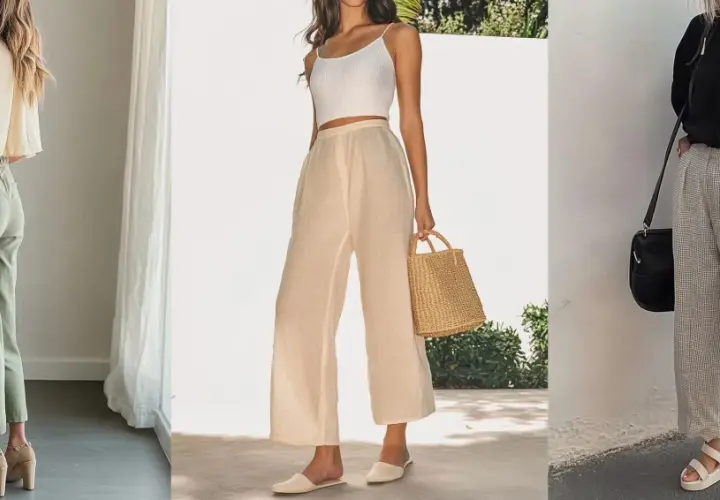 Trois femmes portent des pantalons en lin. Quelle chaussure avec un pantalon en lin homme ? Sandales à talons, mules ou compensées, le lin s'adapte à tout.