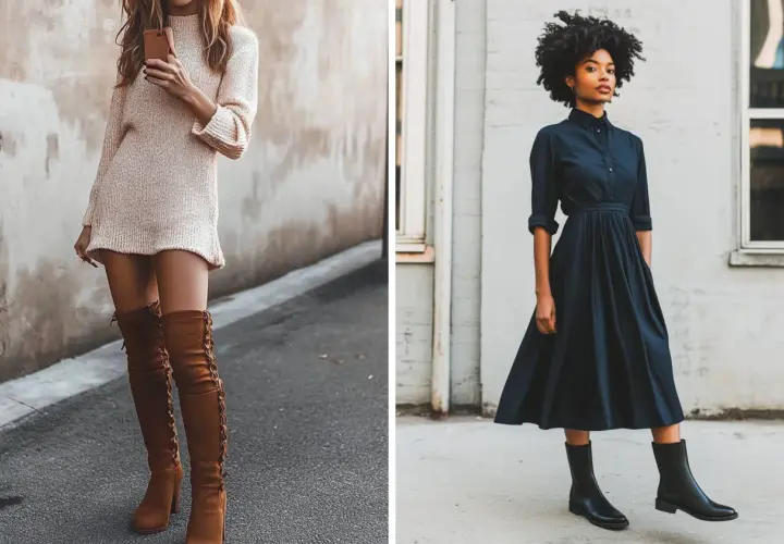 Une femme porte une robe pull courte avec des bottes hautes en daim marron lacées. À côté, une autre femme porte une robe chemise bleu marine avec des bottes noires basses.