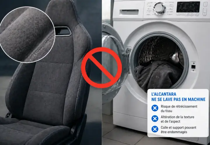 Siège baquet en Alcantara gris, à côté d'une machine à laver ouverte. Interdiction de lavage en machine pour le nettoyage de l'Alcantara.