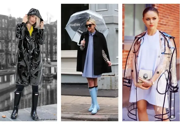Trois looks pour savoir comment s'habiller quand il pleut et qu'il fait froid : trenchs brillants, capes élégantes et manteaux transparents.