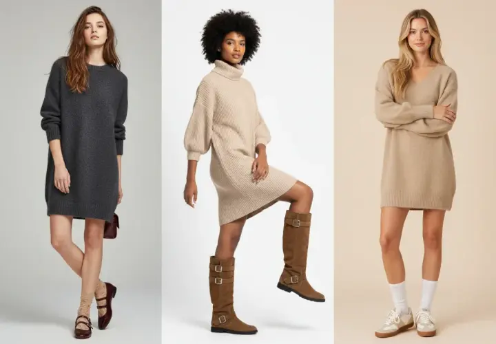 Trois femmes portent des robes pull. La première, en gris foncé, est chaussée de babies et chaussettes. La deuxième, en beige, porte des bottes hautes. La troisième, en beige clair, opte pour des baskets. Quelle chaussure mettre avec une robe pull ?